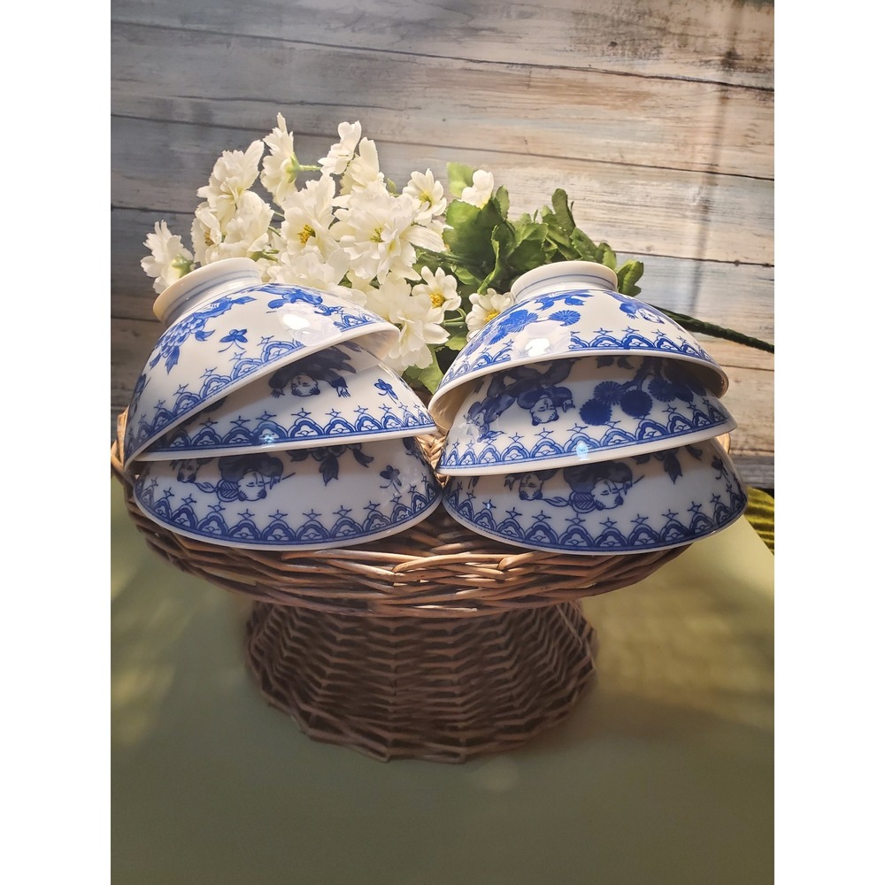 Set of 6 Blue White Porcelain Rice Soup Bowls Asian Style - Picture 5 of 5